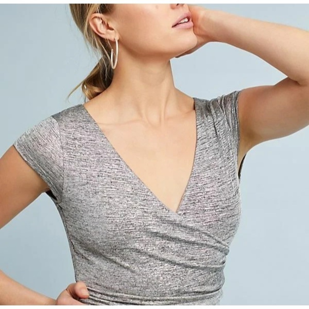 Maeve  x Anthropologie Tamera Metallic Silver Shimmer Jersey Dress Faux Wrap XS - Picture 5 of 16